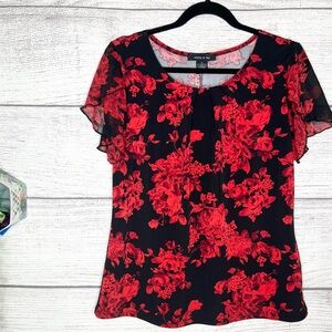 Adele & May Black & Red Floral Sheer Flutter Sleeve Blouse Size Small